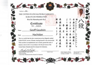 Shihan Geoffrey Gaudoin - 8th Dan Certificate